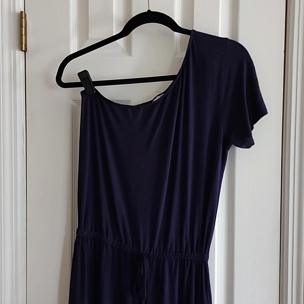 Navy Blue One Shoulder Jersey Jumpsuit - Picture 2 of 8